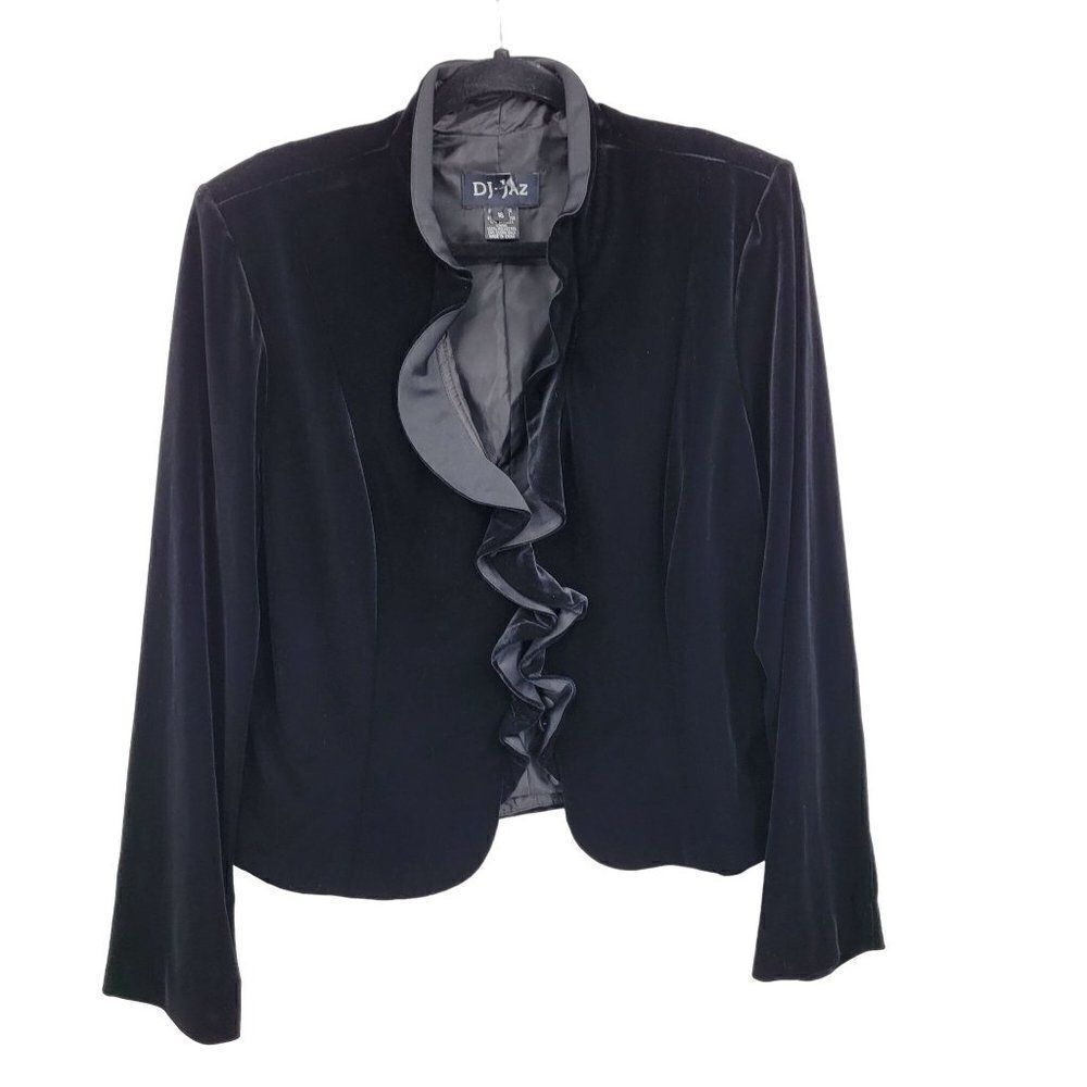 Vintage 80s Cardigan Formal Velour Ruffle Front Button Down Long Sleeve Black 16